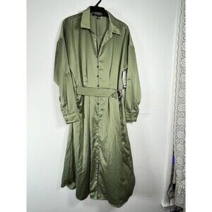French Connection Long Shirt Dress Womens Large Olive Satin Midi Belted Button